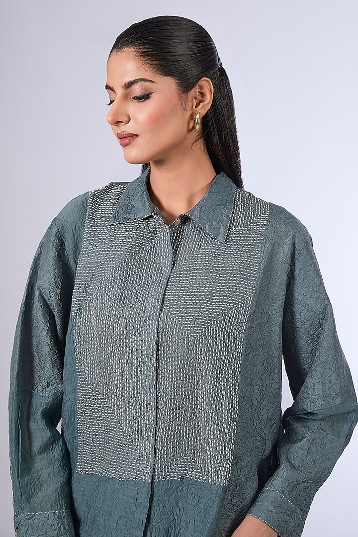 Blue Mulberry Silk Shirt by Divyam Mehta at Pernia's Pop Up Shop