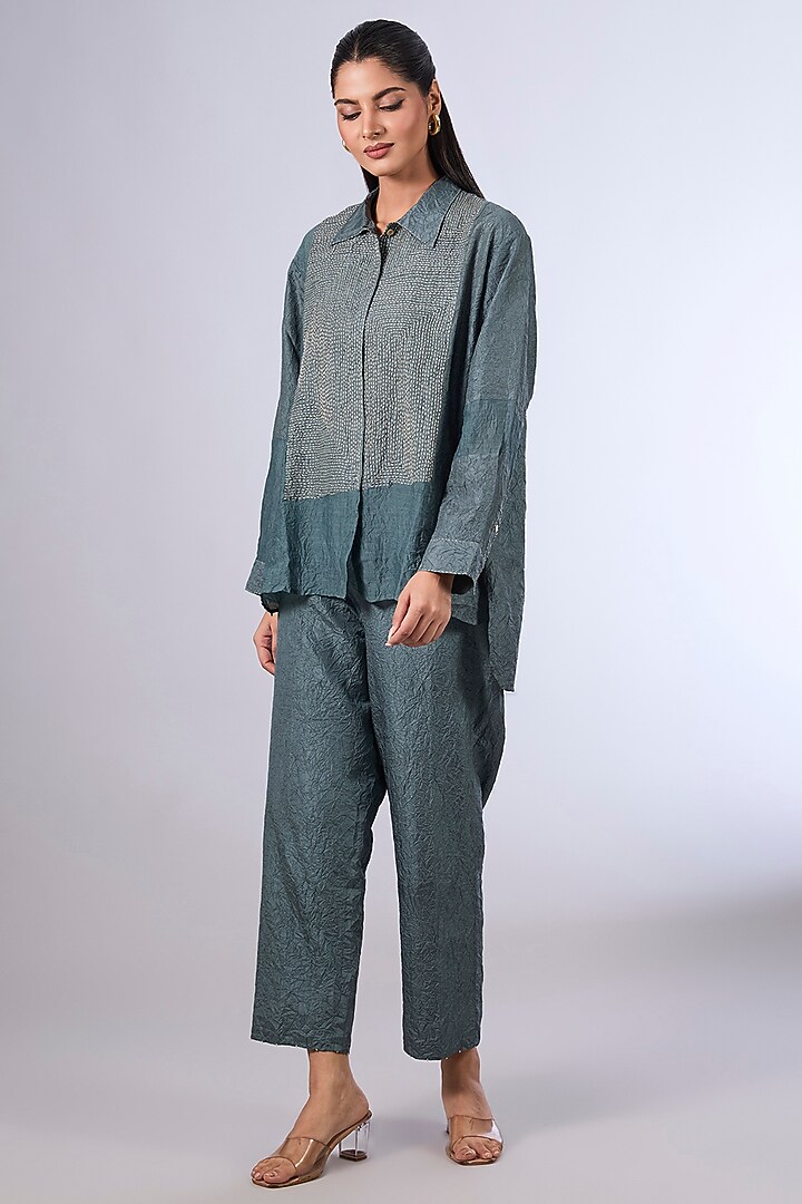 Blue Mulberry Silk Shirt by Divyam Mehta at Pernia's Pop Up Shop