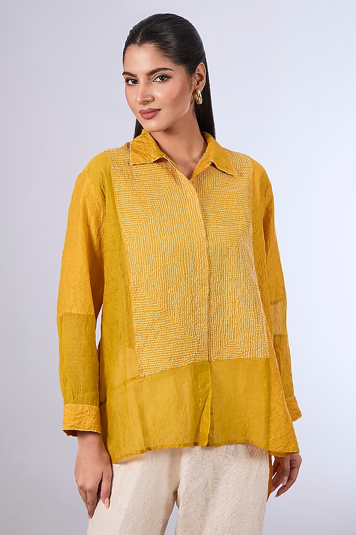 Yellow Mulberry Silk Shirt by Divyam Mehta at Pernia's Pop Up Shop