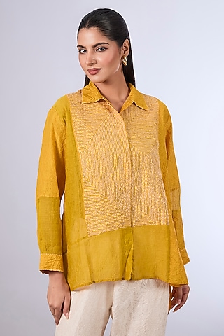 Yellow Mulberry Silk Shirt by Divyam Mehta