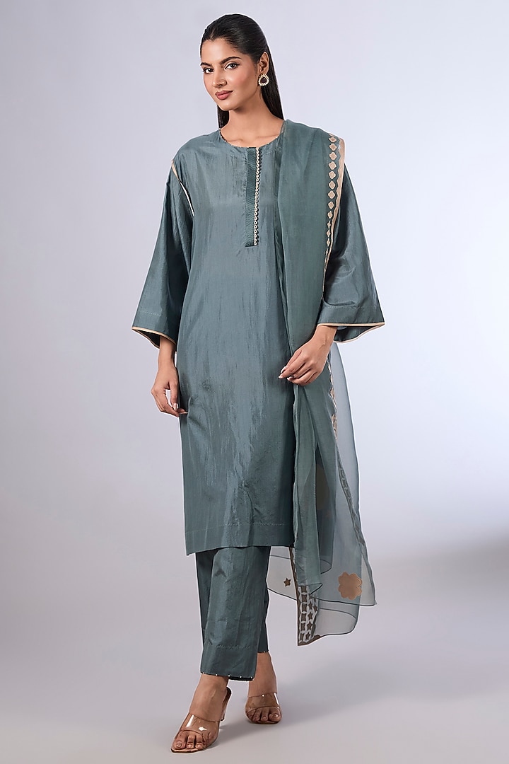 Blue Mulberry Silk Kurta Set by Divyam Mehta at Pernia's Pop Up Shop