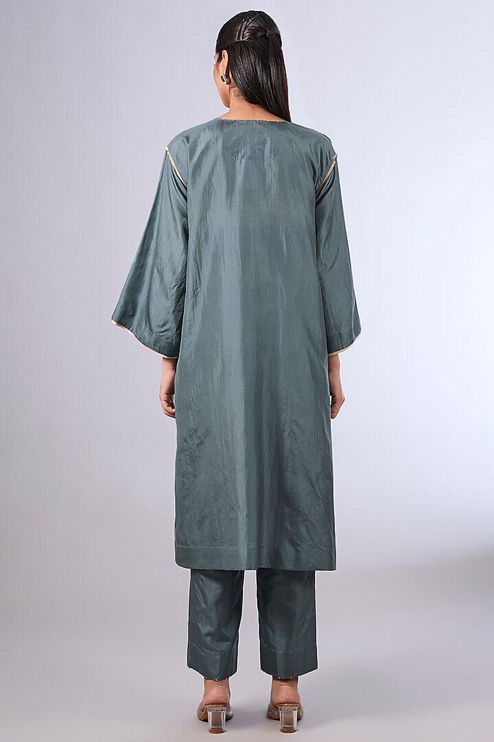 Blue Mulberry Silk Kurta Set by Divyam Mehta at Pernia's Pop Up Shop
