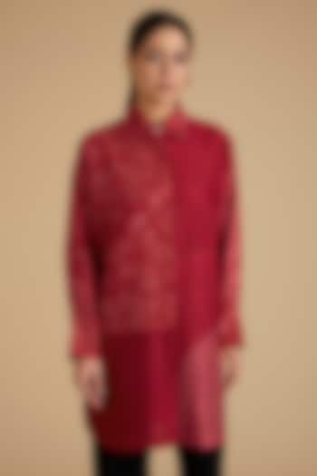Red Mulberry Silk Long Shirt by Divyam Mehta at Pernia's Pop Up Shop