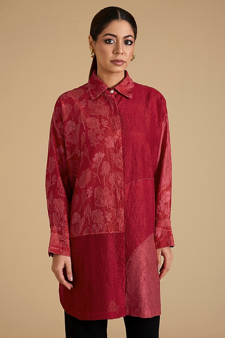 Red Mulberry Silk Long Shirt by Divyam Mehta at Pernia's Pop Up Shop
