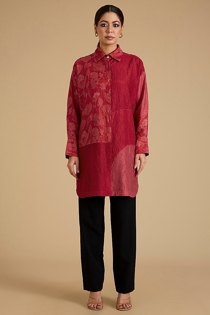 Red Mulberry Silk Long Shirt by Divyam Mehta at Pernia's Pop Up Shop