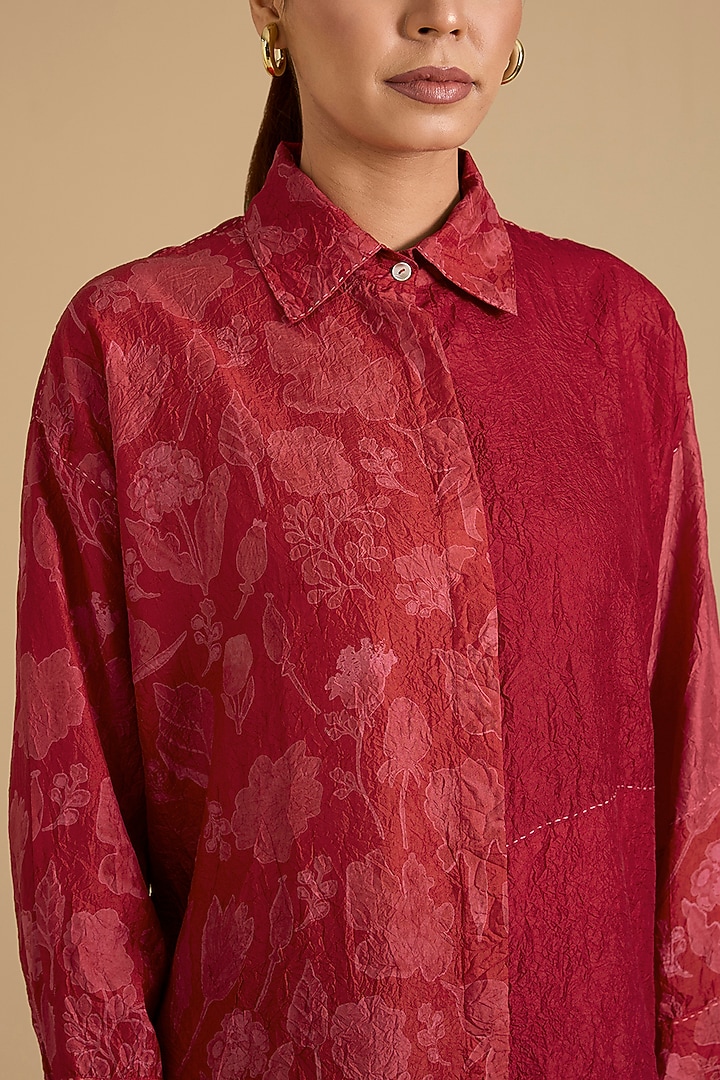 Red Mulberry Silk Long Shirt by Divyam Mehta at Pernia's Pop Up Shop