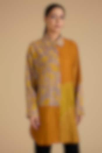 Yellow Mulberry Silk Long Shirt by Divyam Mehta at Pernia's Pop Up Shop