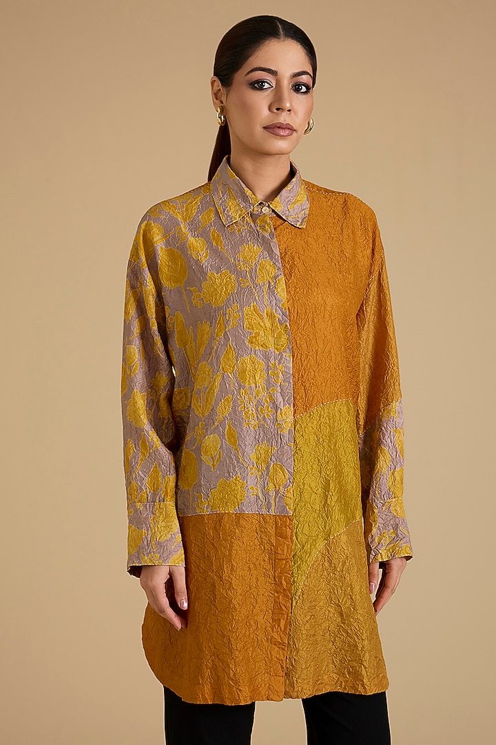Yellow Mulberry Silk Long Shirt by Divyam Mehta at Pernia's Pop Up Shop
