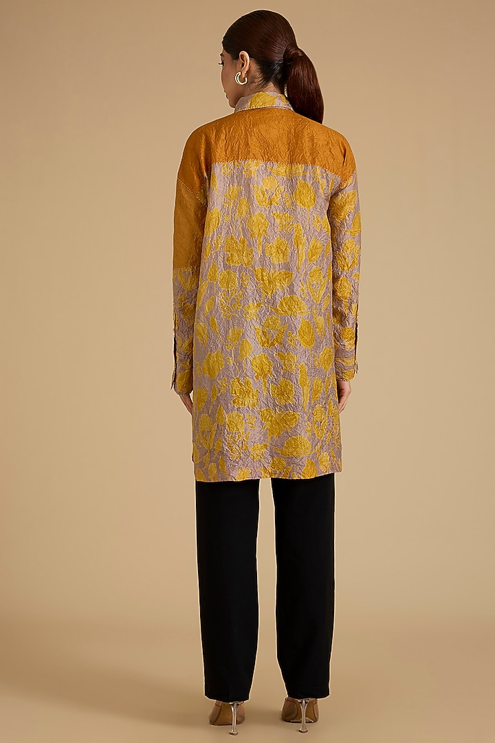 Yellow Mulberry Silk Long Shirt by Divyam Mehta at Pernia's Pop Up Shop
