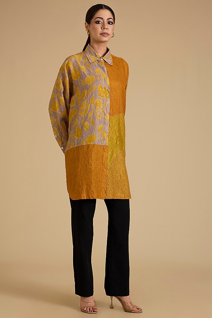 Yellow Mulberry Silk Long Shirt by Divyam Mehta at Pernia's Pop Up Shop