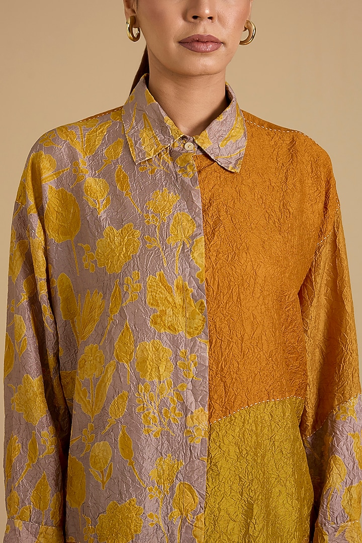 Yellow Mulberry Silk Long Shirt by Divyam Mehta at Pernia's Pop Up Shop