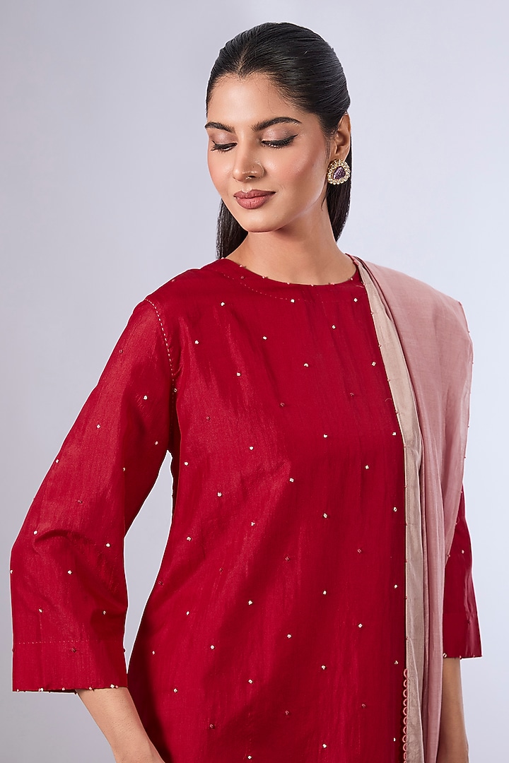 Red Mulberry Silk Kurta Set by Divyam Mehta at Pernia's Pop Up Shop