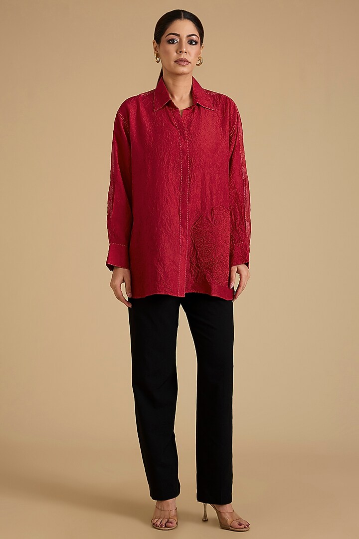 Red Mulberry Silk Shirt by Divyam Mehta at Pernia's Pop Up Shop
