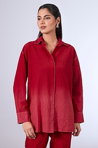 Red Cotton Silk Shirt by Divyam Mehta