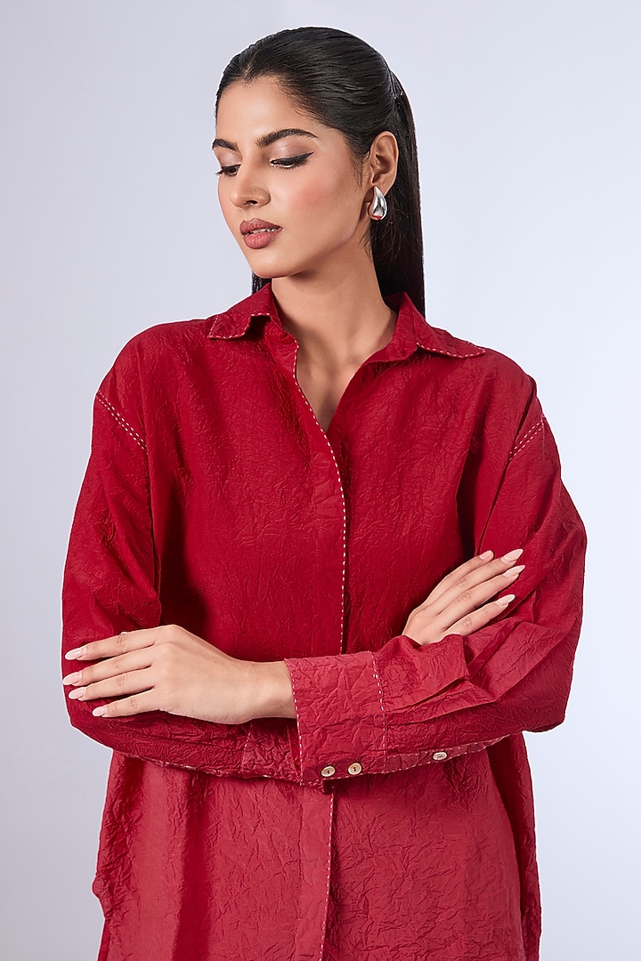 Red Cotton Silk Shirt by Divyam Mehta at Pernia's Pop Up Shop