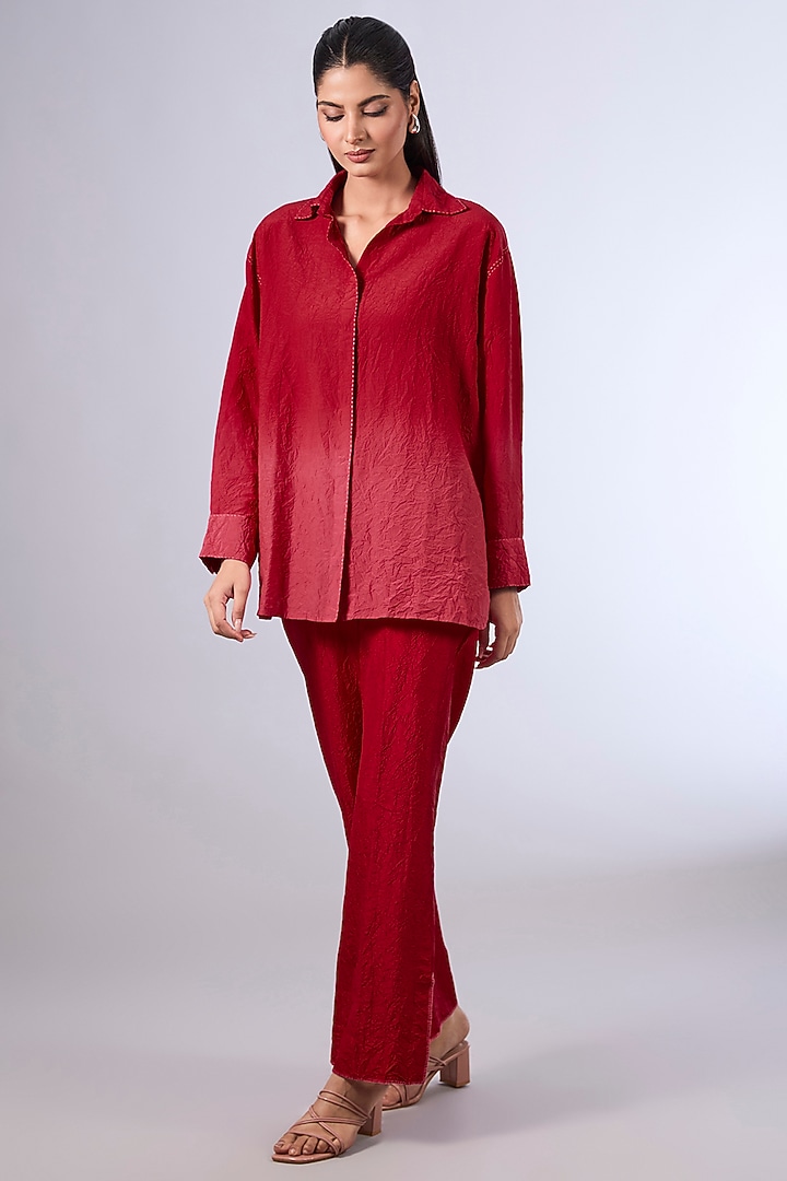 Red Cotton Silk Shirt by Divyam Mehta at Pernia's Pop Up Shop