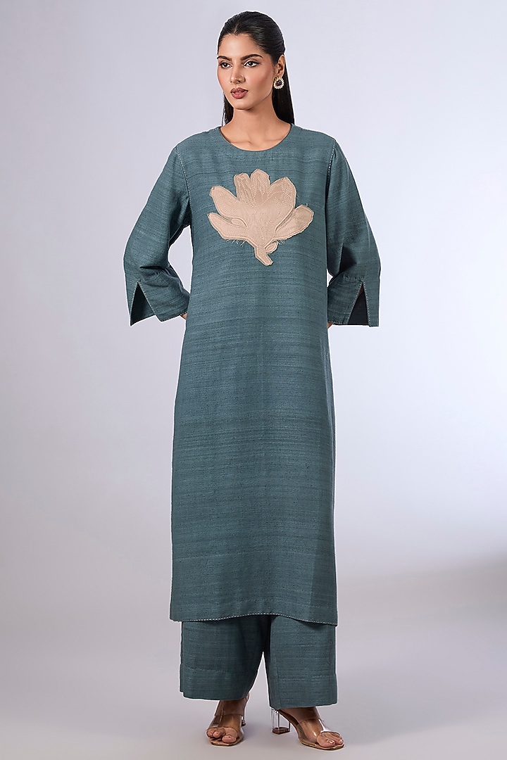 Blue Matka Silk Kurta Set by Divyam Mehta at Pernia's Pop Up Shop