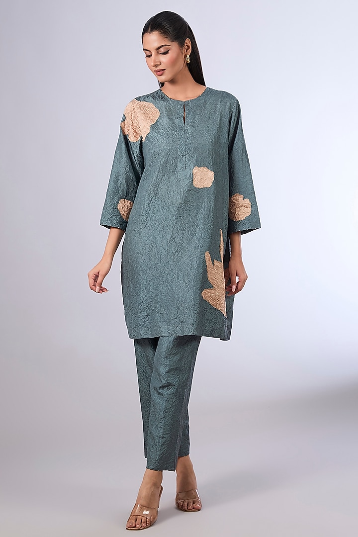 Blue Mulberry Silk Kurta Set by Divyam Mehta at Pernia's Pop Up Shop