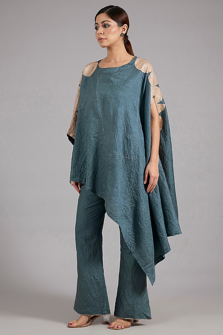 Atlantic Blue Mulberry Silk Asymmetric Co-Ord Set by Divyam Mehta at Pernia's Pop Up Shop