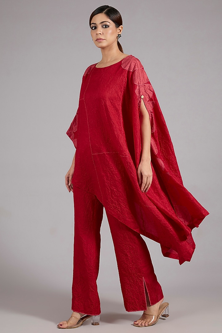 Red Mulberry Silk Asymmetric Co-Ord Set by Divyam Mehta at Pernia's Pop Up Shop