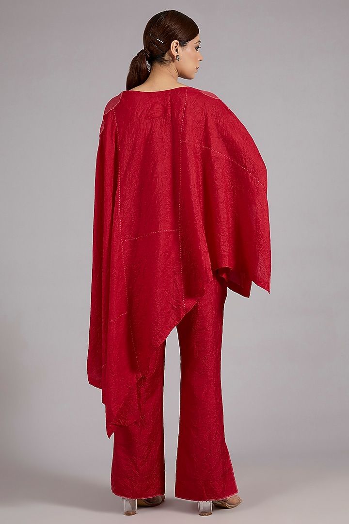 Red Mulberry Silk Asymmetric Co-Ord Set by Divyam Mehta at Pernia's Pop Up Shop