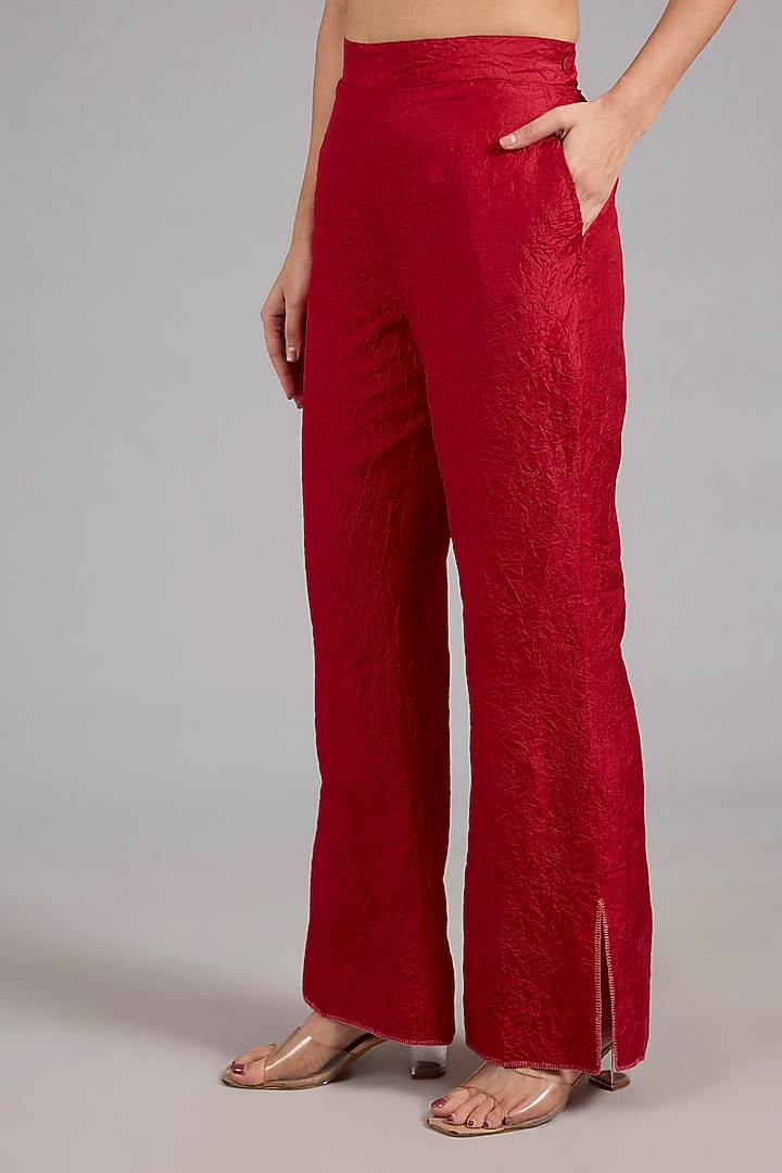 Red Mulberry Silk Asymmetric Co-Ord Set by Divyam Mehta at Pernia's Pop Up Shop
