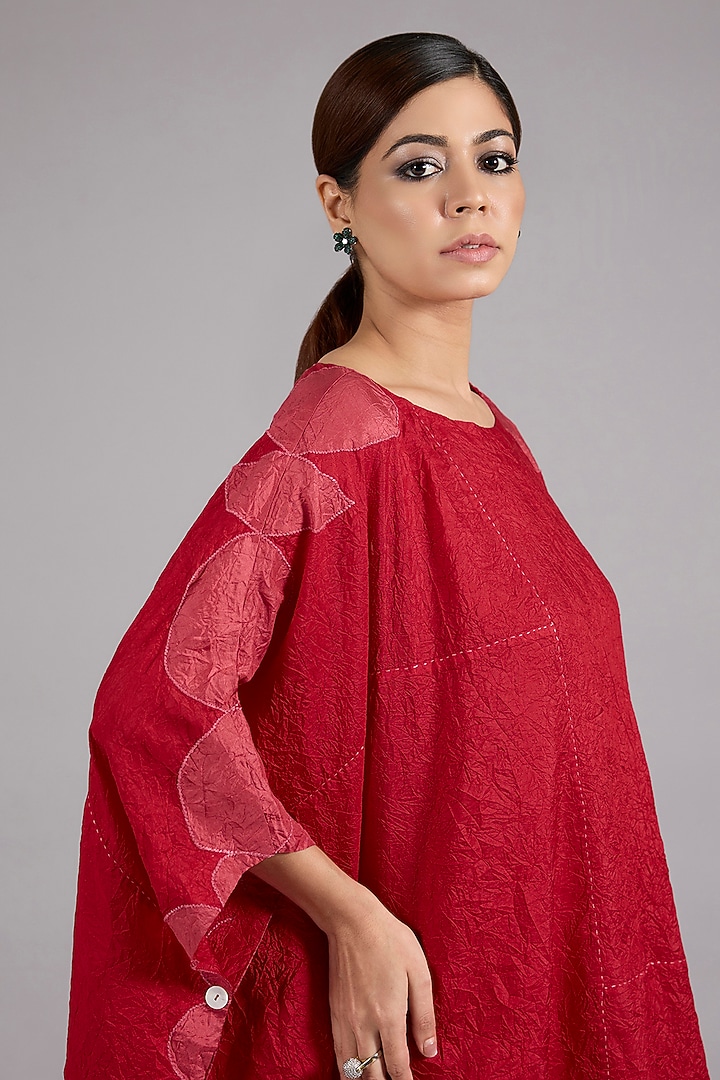 Red Mulberry Silk Asymmetric Co-Ord Set by Divyam Mehta at Pernia's Pop Up Shop