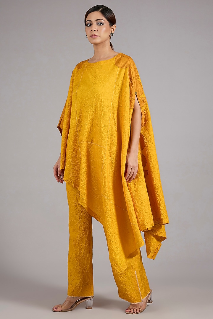 Haldi Yellow Mulberry Silk Asymmetric Co-Ord Set by Divyam Mehta at Pernia's Pop Up Shop