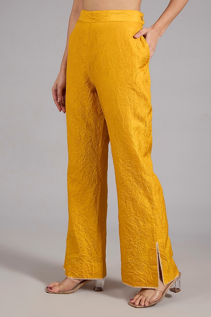 Haldi Yellow Mulberry Silk Asymmetric Co-Ord Set by Divyam Mehta at Pernia's Pop Up Shop
