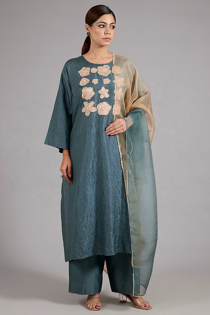 Atlantic Blue Mulberry Silk Patchwork Kurta Set by Divyam Mehta at Pernia's Pop Up Shop