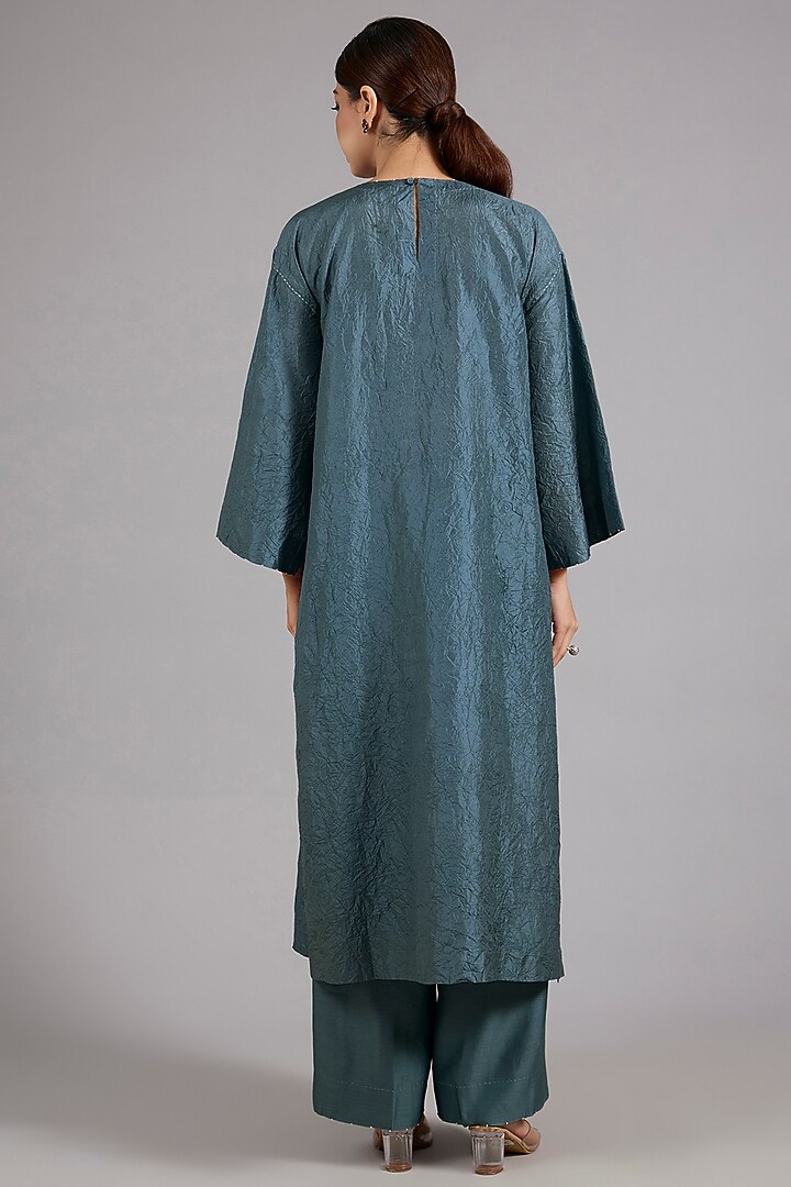 Atlantic Blue Mulberry Silk Patchwork Kurta Set by Divyam Mehta at Pernia's Pop Up Shop