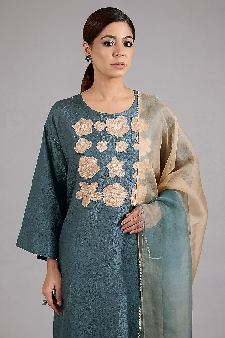 Atlantic Blue Mulberry Silk Patchwork Kurta Set by Divyam Mehta at Pernia's Pop Up Shop