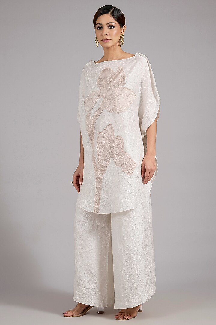 Ivory Mulberry Silk Patchwork Co-Ord Set by Divyam Mehta at Pernia's Pop Up Shop