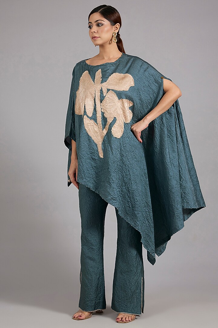 Atlantic Blue Mulberry Silk One-Shoulder Co-Ord Set by Divyam Mehta at Pernia's Pop Up Shop
