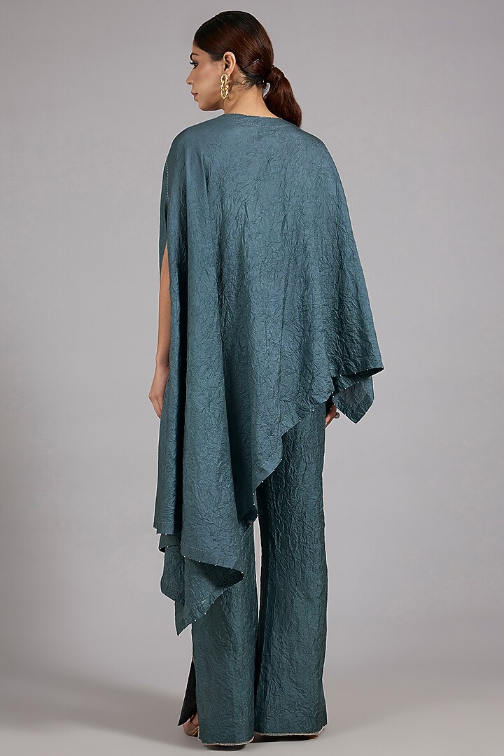 Atlantic Blue Mulberry Silk One-Shoulder Co-Ord Set by Divyam Mehta at Pernia's Pop Up Shop