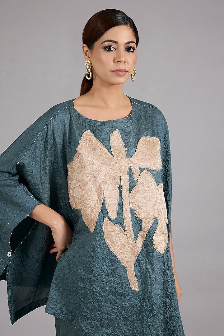 Atlantic Blue Mulberry Silk One-Shoulder Co-Ord Set by Divyam Mehta at Pernia's Pop Up Shop