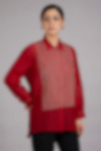 Red Mulberry Silk Kantha Embroidered Shirt by Divyam Mehta at Pernia's Pop Up Shop