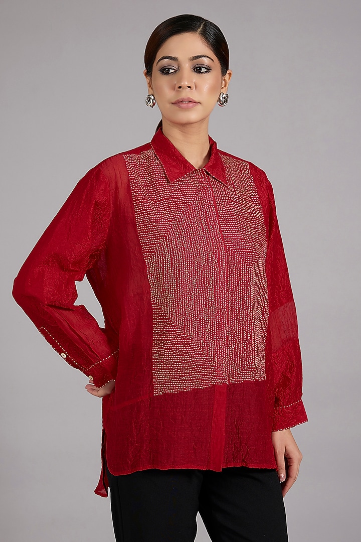 Red Mulberry Silk Kantha Embroidered Shirt by Divyam Mehta at Pernia's Pop Up Shop