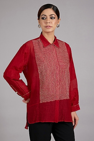 Red Mulberry Silk Kantha Embroidered Shirt by Divyam Mehta