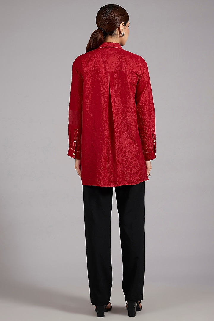 Red Mulberry Silk Kantha Embroidered Shirt by Divyam Mehta at Pernia's Pop Up Shop