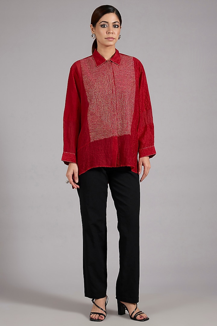 Red Mulberry Silk Kantha Embroidered Shirt by Divyam Mehta at Pernia's Pop Up Shop