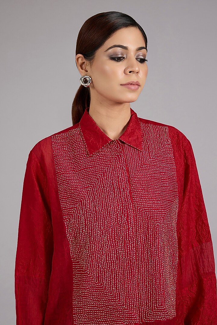 Red Mulberry Silk Kantha Embroidered Shirt by Divyam Mehta at Pernia's Pop Up Shop