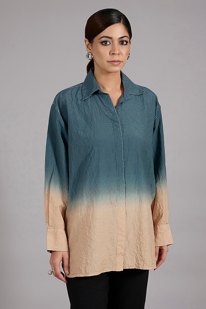 Atlantic Blue Ombre Cotton Silk Shirt by Divyam Mehta at Pernia's Pop Up Shop