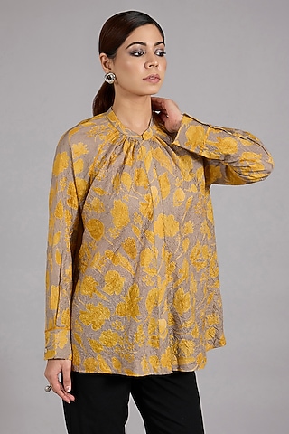 Haldi Yellow Mulberry Silk Floral Printed Top by Divyam Mehta