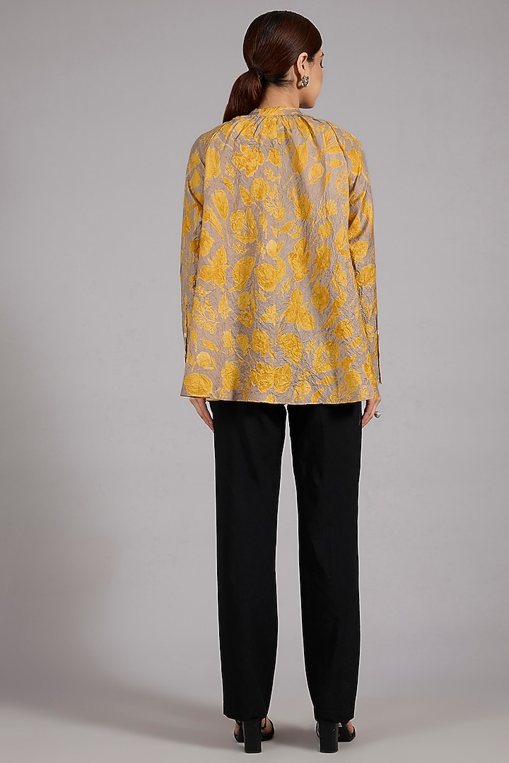 Haldi Yellow Mulberry Silk Floral Printed Top by Divyam Mehta at Pernia's Pop Up Shop