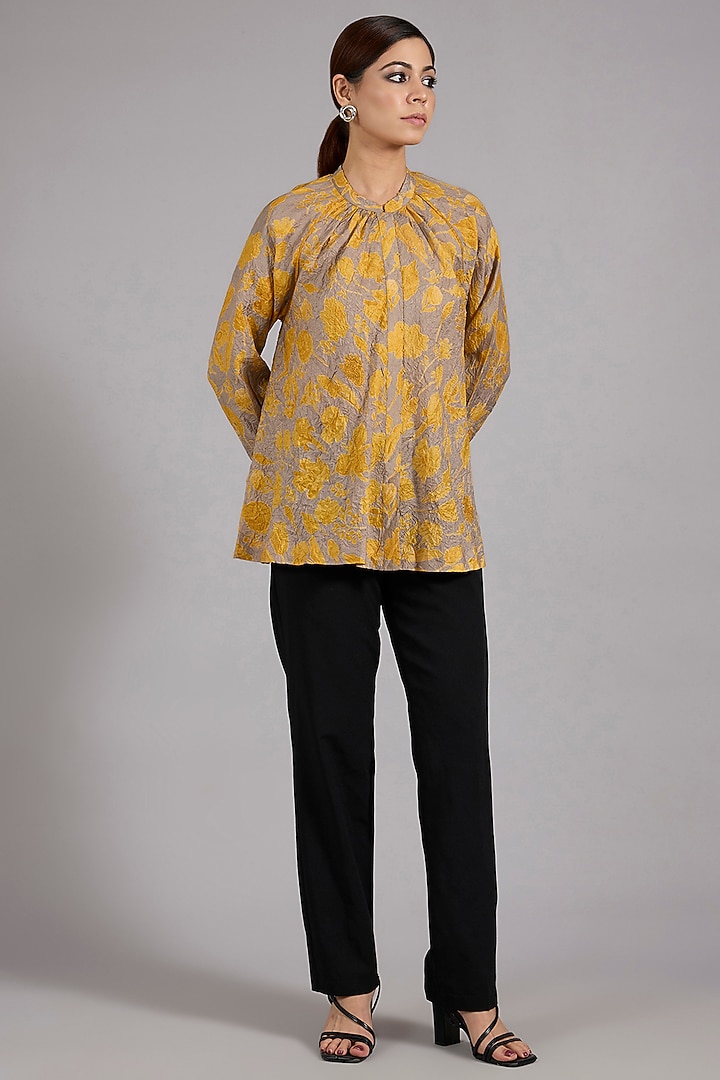 Haldi Yellow Mulberry Silk Floral Printed Top by Divyam Mehta at Pernia's Pop Up Shop