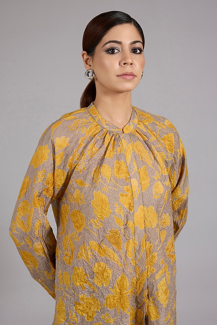 Haldi Yellow Mulberry Silk Floral Printed Top by Divyam Mehta at Pernia's Pop Up Shop
