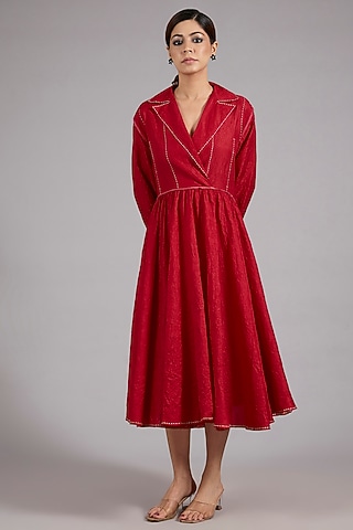 Red Mulberry Silk Midi Dress by Divyam Mehta