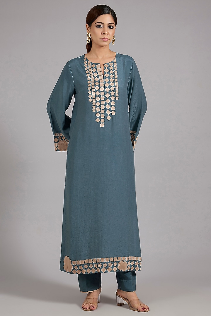 Atlantic Blue Tencel Luxe Patchwork Kurta Set by Divyam Mehta at Pernia's Pop Up Shop