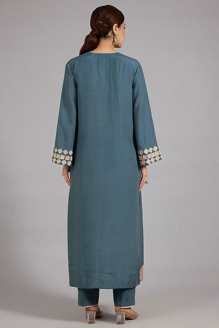 Atlantic Blue Tencel Luxe Patchwork Kurta Set by Divyam Mehta at Pernia's Pop Up Shop